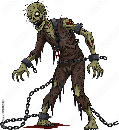 Terrifying chained zombie monster with torn clothes, bloodstains, shackles, haunting eyes, decayed skin, Halloween horror, undead creature, scary haunted nightmare