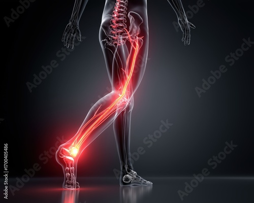 A detailed illustration of a human leg, showcasing the anatomy and highlighting muscle and skeletal structures in vivid colors.