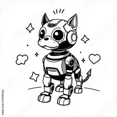 Vector art of cute robot dog with big eyes and mechanical parts, surrounded by stars and hearts, black and white illustration, tshirt design