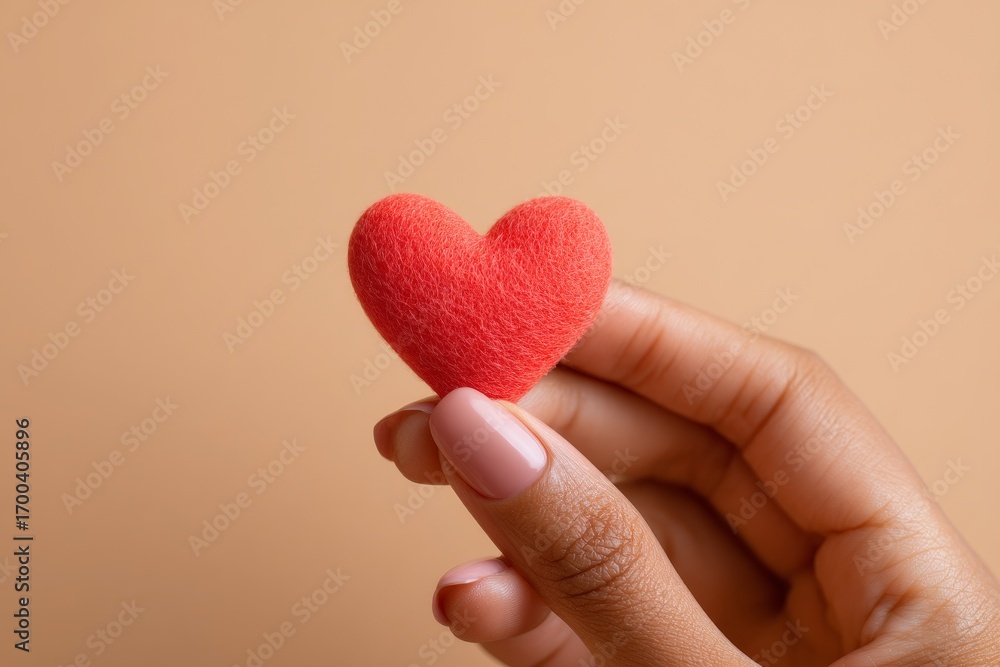 Fototapeta premium A small, vibrant red heart shape, delicately held in a hand against a muted beige backdrop.