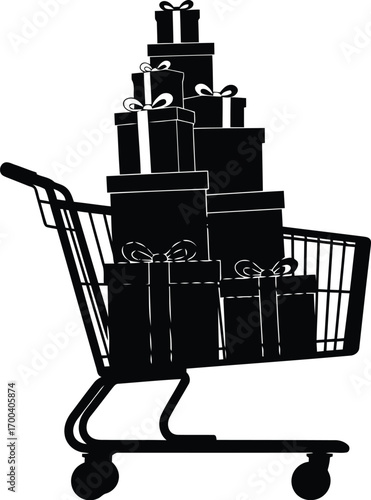 Shopping cart overflowing with gift boxes festive holiday shopping and consumerism concept transparent background