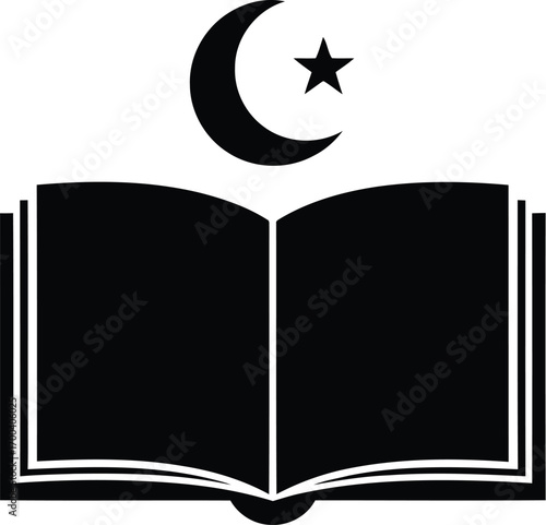 Open holy islamic book with crescent moon and star symbol icon black and white transparent background