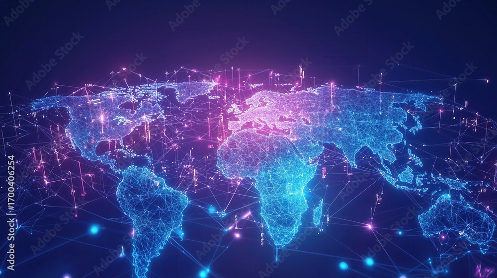 Fototapeta premium Futuristic Digital World Map Illustrating Global Data Exchange and Seamless Connectivity