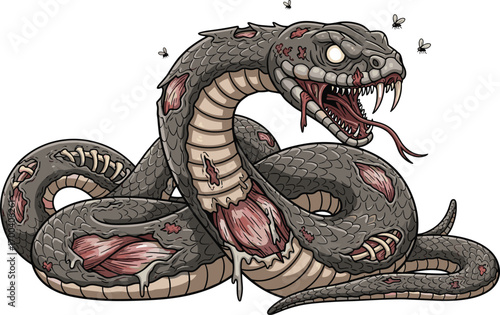 Terrifying undead zombie snake with exposed muscles, bones, and rotting skin, surrounded by buzzing flies in a horror scene.