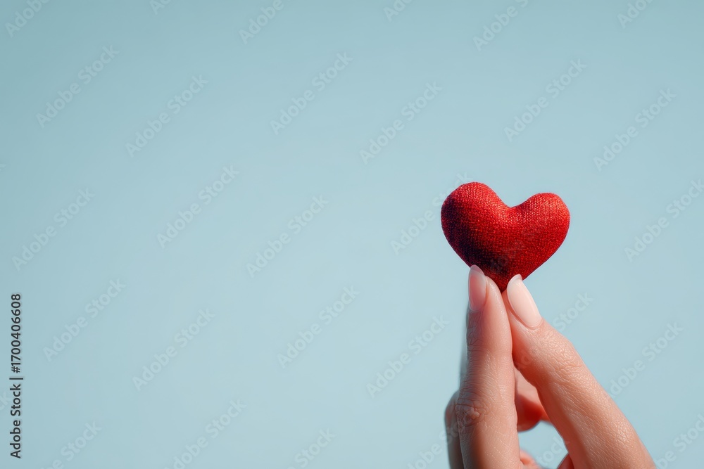 Fototapeta premium A small, vibrant red heart is delicately held by a hand against a light, pastel blue background.