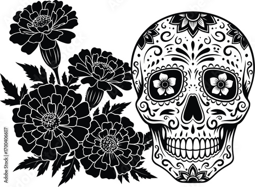 Ornate skull and marigold flowers festive celebration day of the dead art transparent background