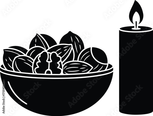 Simple icon representation of nuts in a bowl next to a lit candle transparent background