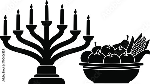 Traditional seven branch menorah and harvest fruit vegetable bowl silhouette for holidays transparent background