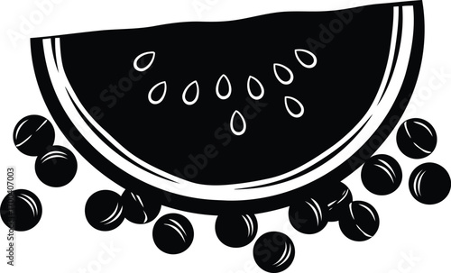 Stylized slice of watermelon with seeds and scattered berries artistic graphic transparent background