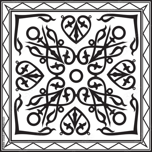 Vector monochrome black square Yakut ornament. An endless rectangular border, a frame of the northern peoples of the Far East.