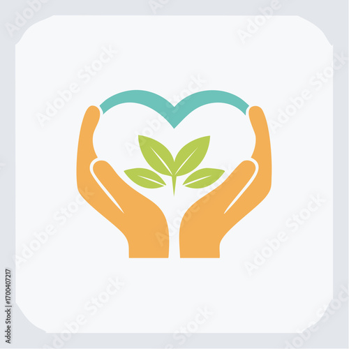 Illustration depicting hands cradling a heart shape embracing plant life for organic wellbeing