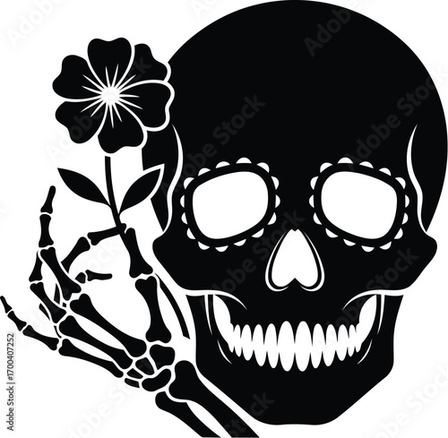 Stylized black skull with flower and hand design for halloween and gothic themes transparent background