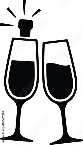 Champagne bottle popping cork and two toasting champagne flutes celebration transparent background