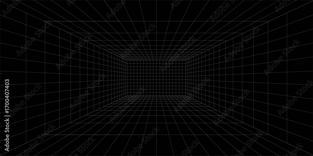 Naklejka premium Futuristic perspective grid box. Abstract wireframe with white grid line on black background. Virtual reality landscape in 80s 90s digital style. Vector