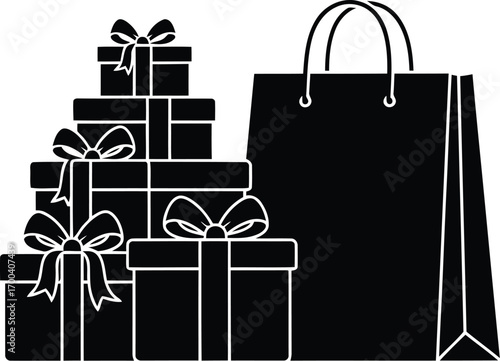Stack of gift boxes and shopping bag silhouette for festive celebrations and retail transparent background