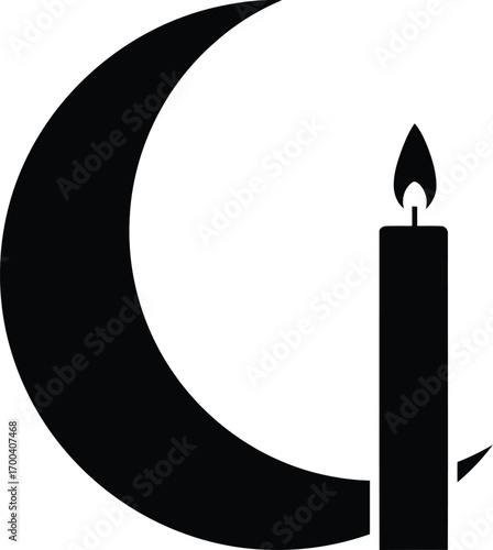 Crescent moon and burning candle symbol for nighttime or spirituality concepts transparent background
