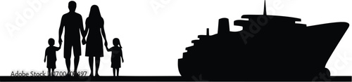 Family silhouette approaching cruise ship for vacation voyage adventure and travel transparent background