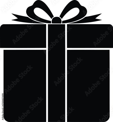 Classic black gift box icon with ribbon and bow for celebration and presents transparent background