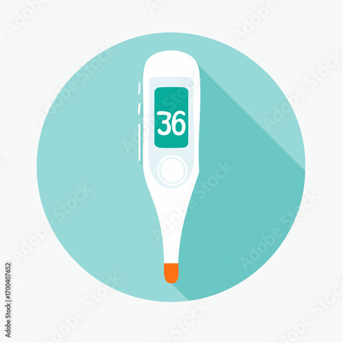 Illustration of a digital thermometer displaying normal body temperature within a circle
