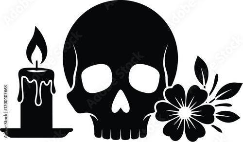 Spooky skull with burning candle and floral accents gothic art symbolism transparent background