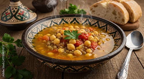 Hearty Moroccan harira soup with chickpeas and lentils in a traditional bowl with fresh bread