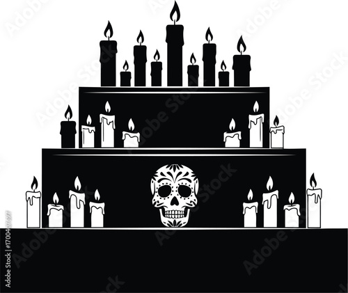 Day of the dead altar with candles and skull silhouette for festive celebration transparent background
