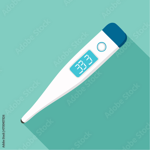 Illustration of a modern digital thermometer displaying a temperature reading with shadow
