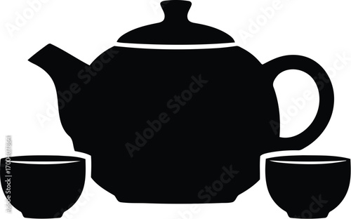 Classic black silhouette teapot and two cups for tea ceremony and hospitality transparent background