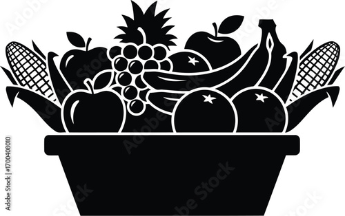 Abundant harvest fruit basket silhouette featuring apples bananas grapes pineapple corn transparent background