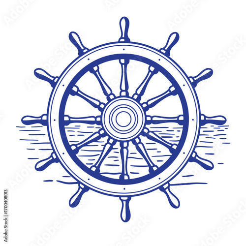 Detailed illustration of a ship's wheel in blue with a nautical design on white background.
