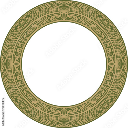 Native American vector round gold with green pattern. Geometric shapes in a circle. National ornament of the peoples of America, Maya, Aztecs, Incas.
