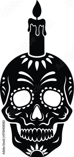 Dia de los muertos sugar skull with candle symbolizing life and death transparent background