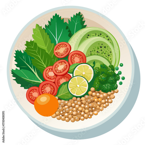 Vegan Buddha Bowl with Quinoa Avocado and Chickpeas Vector illustration