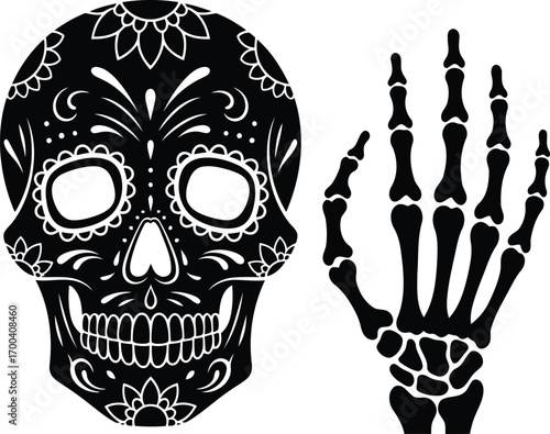 Intricate sugar skull and skeleton hand design for day of the dead celebrations transparent background