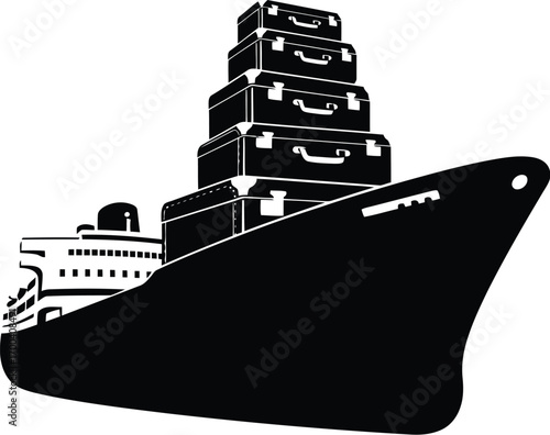 Vintage cruise ship laden with stacked luggage nautical travel transportation graphic transparent background