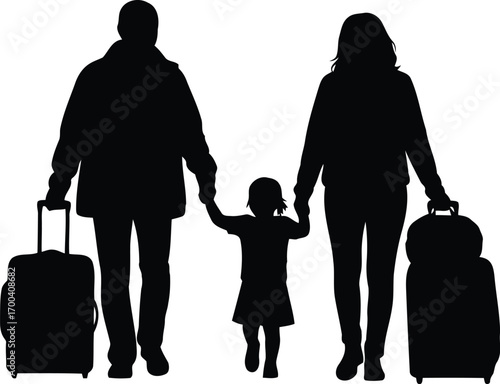 Family silhouette traveling together with luggage ready for adventure holiday trip transparent background