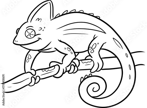 art line vector illustration of a camilion chameleon on a branche for coloring pages
