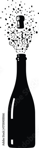 Champagne bottle popping cork explosive celebration beverage splash liquid bubbles transparent background
