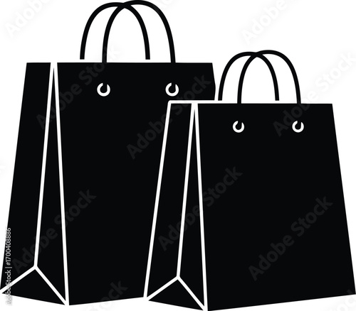 Two black shopping bags ready for purchases and retail transparent background
