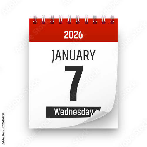 Date 7 January 2026 year realistic calendar day page design. January 7 transparent png