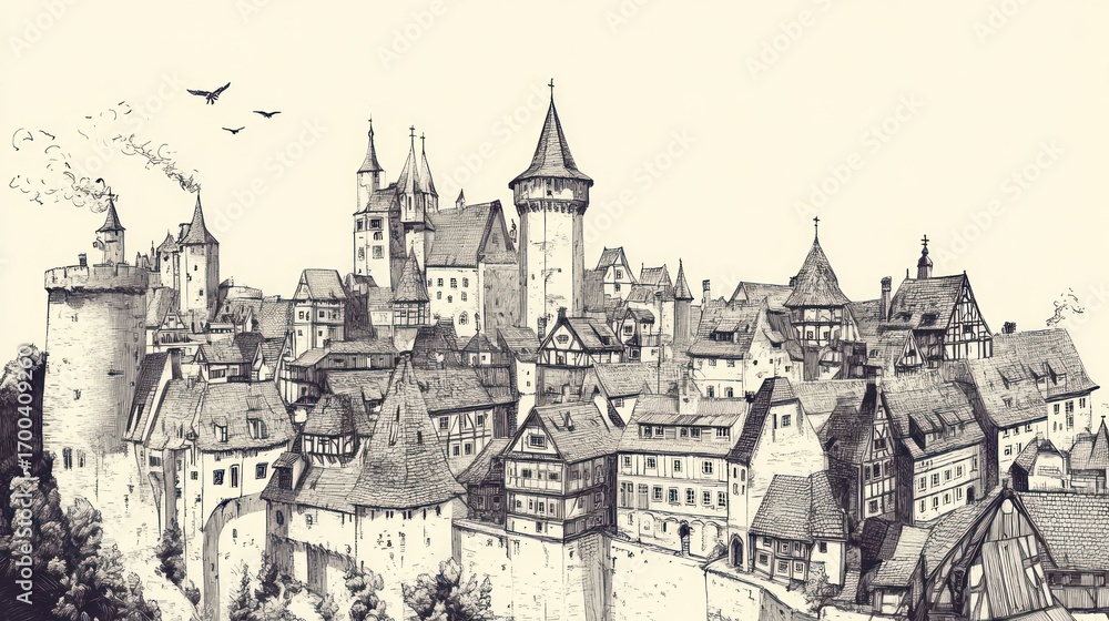 Obraz premium Medieval cityscape drawing