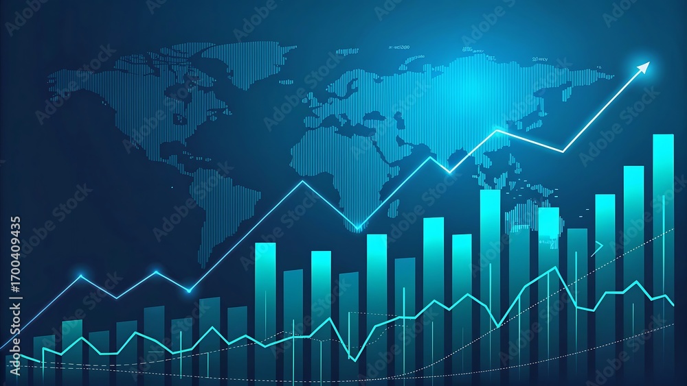 Fototapeta premium Global financial market growth with rising stock charts and world map background
