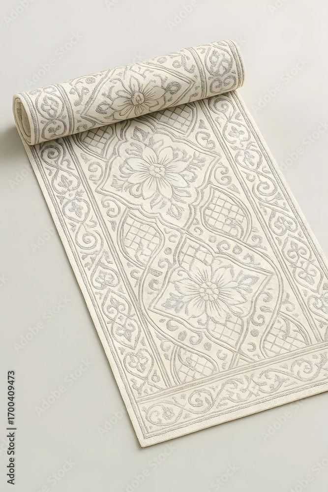 Fototapeta premium Rolled-up elegant runner rug with ornate floral and arabesque pattern in neutral beige tones