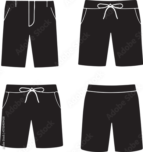 A set of men's shorts silhouettes, including casual shorts, board shorts, and athletic shorts.