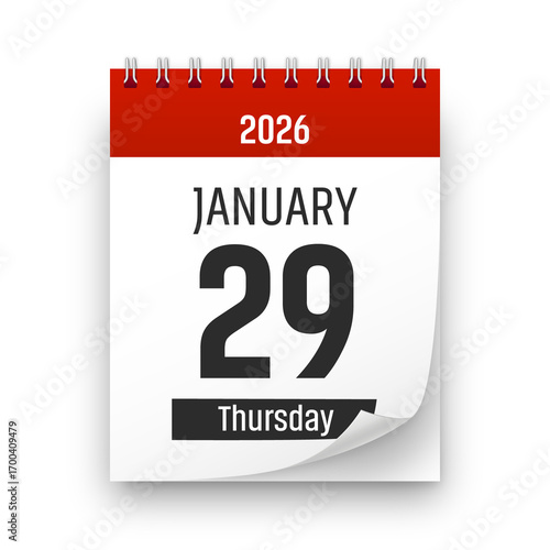 Date 29 January 2026 year realistic calendar day page design. January 29 transparent png