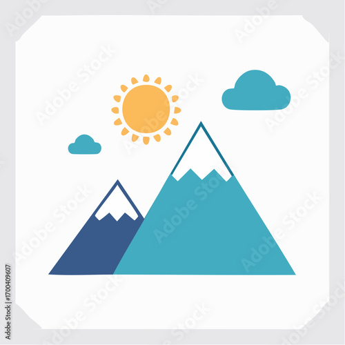 Illustration of serene mountain peaks under a radiant sun and drifting clouds in a simple design