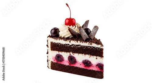 Dark chocolate Black Forest cake shines, highlighting its rich layers for food product photography, posters, or branding.