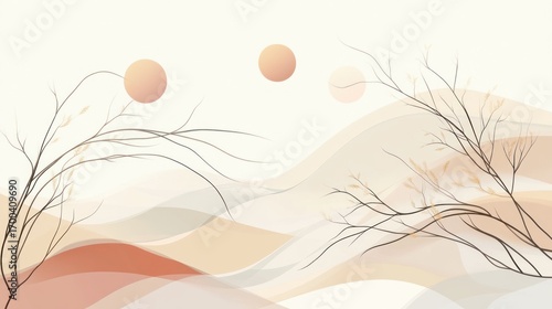Abstract landscape artwork with stylized trees and geometric shapes soft colors