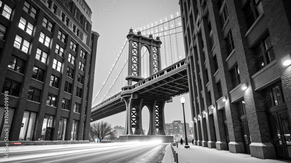 Naklejka premium Stunning black and white view of Manhattan Bridge, showcasing its architectural beauty amidst urban buildings. scene captures serene winter