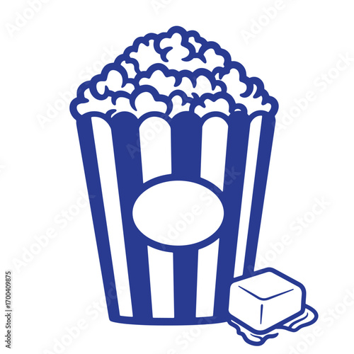 Illustration of a classic blue and white striped popcorn bucket with melted butter